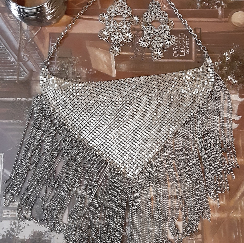 Silver Bib Necklace, Earrings and Bracelet